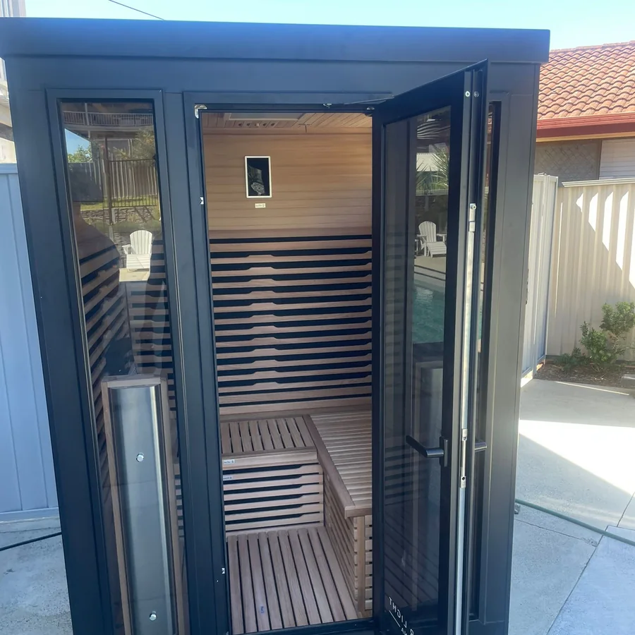 Outdoor sauna cabin assembled in a Brisbane backyard